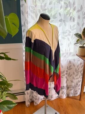 Splendid Colorful Striped Open Front Cardigan XS Draped Knit Pocket Sweater